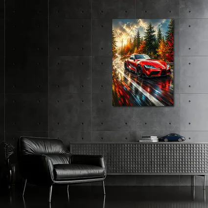Toyota GR Supra Red Wet Forest Road