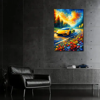 Yellow Lamborghini Gallardo Impressionist Floral Road