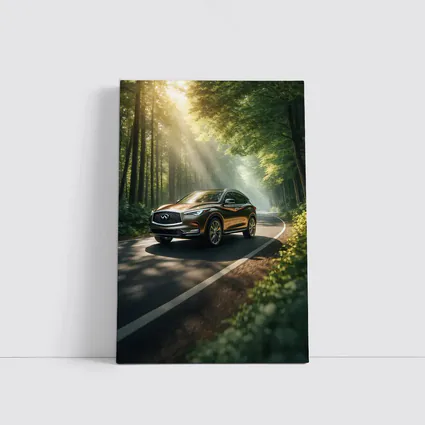 Infiniti QX50 Driving Through Sunlit Forest Road