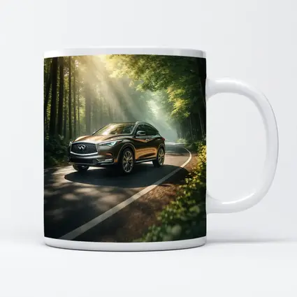 Infiniti QX50 Driving Through Sunlit Forest Road