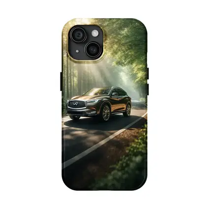 Infiniti QX50 Driving Through Sunlit Forest Road