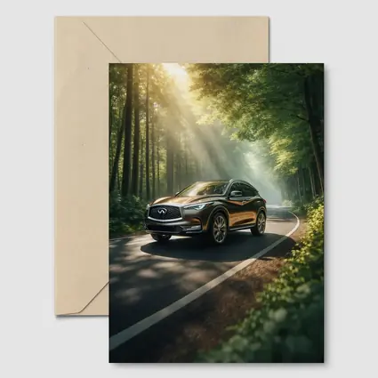 Infiniti QX50 Driving Through Sunlit Forest Road