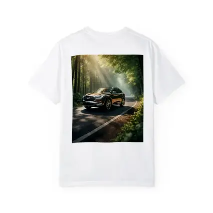 Infiniti QX50 Driving Through Sunlit Forest Road