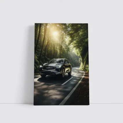 Infiniti QX50 Driving Through Sunlit Forest Road
