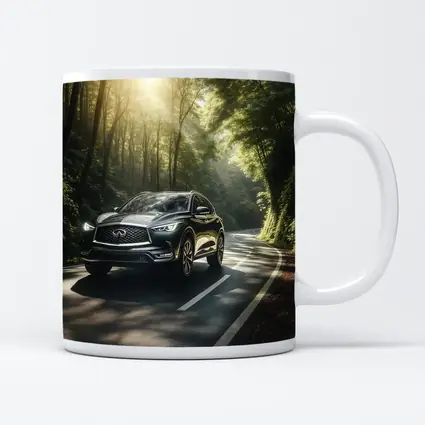Infiniti QX50 Driving Through Sunlit Forest Road