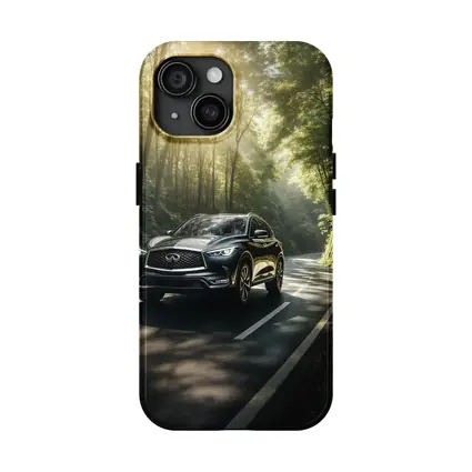 Infiniti QX50 Driving Through Sunlit Forest Road