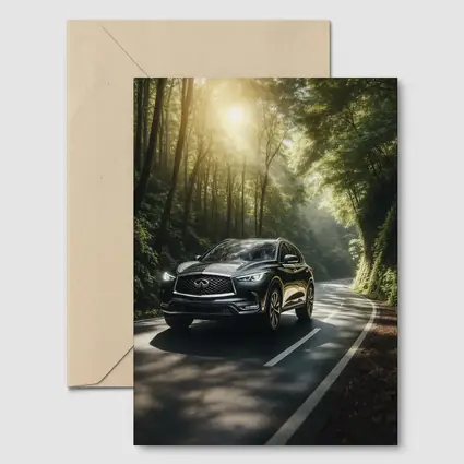 Infiniti QX50 Driving Through Sunlit Forest Road