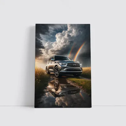 Infiniti QX80 SUV Under Dramatic Rainbow Skies