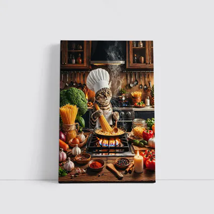 Chef Cat Cooking Pasta Kitchen Scene