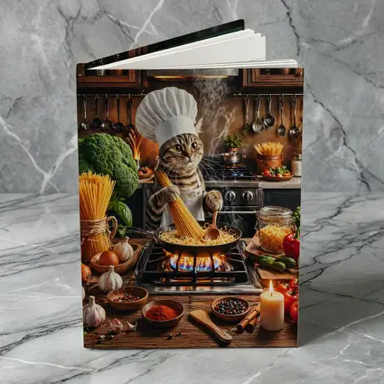 Chef Cat Cooking Pasta Kitchen Scene