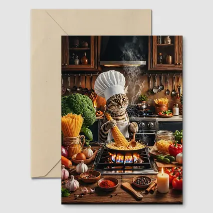 Chef Cat Cooking Pasta Kitchen Scene