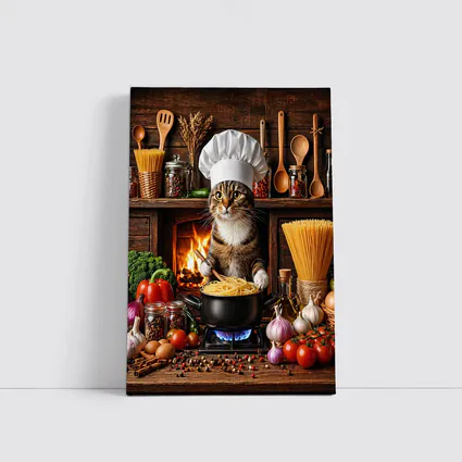 Tabby Cat Chef Cooking Pasta Kitchen