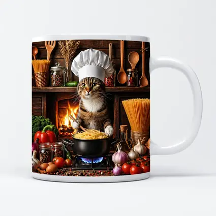 Tabby Cat Chef Cooking Pasta Kitchen