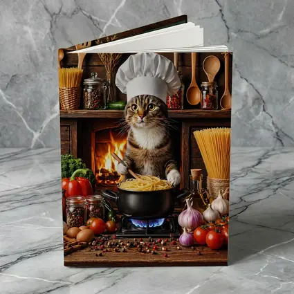 Tabby Cat Chef Cooking Pasta Kitchen