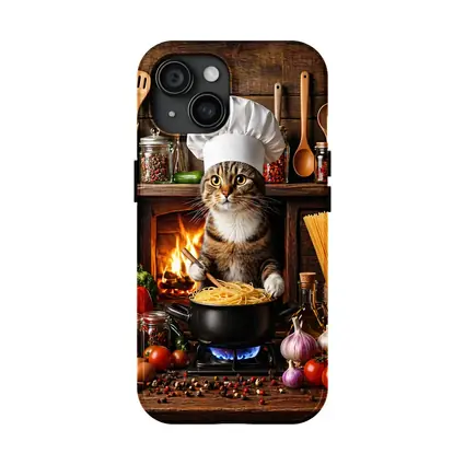 Tabby Cat Chef Cooking Pasta Kitchen