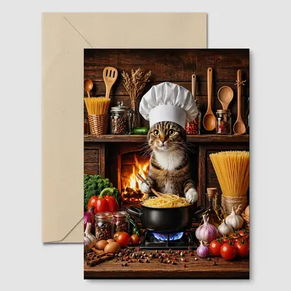 Tabby Cat Chef Cooking Pasta Kitchen