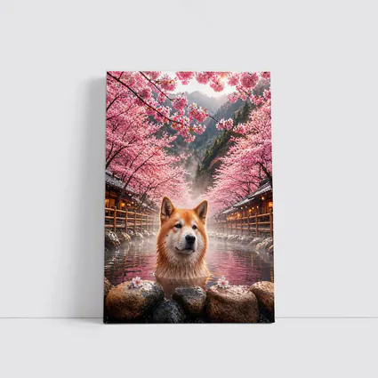Akita Dog Soaking In Cherry Blossom Hot Spring