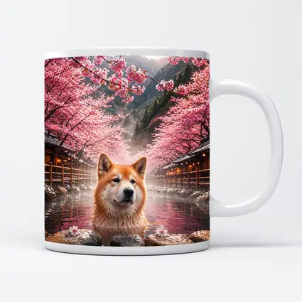 Akita Dog Soaking In Cherry Blossom Hot Spring