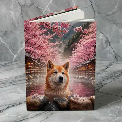 Akita Dog Soaking In Cherry Blossom Hot Spring