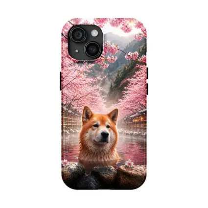 Akita Dog Soaking In Cherry Blossom Hot Spring