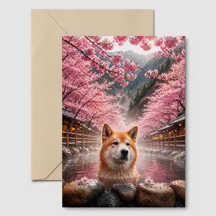 Akita Dog Soaking In Cherry Blossom Hot Spring