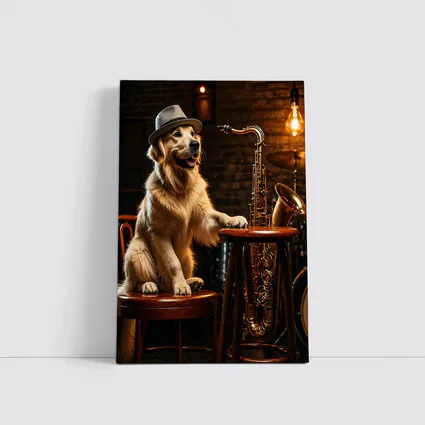Golden Retriever Jazz Musician Saxophone Bar Setting