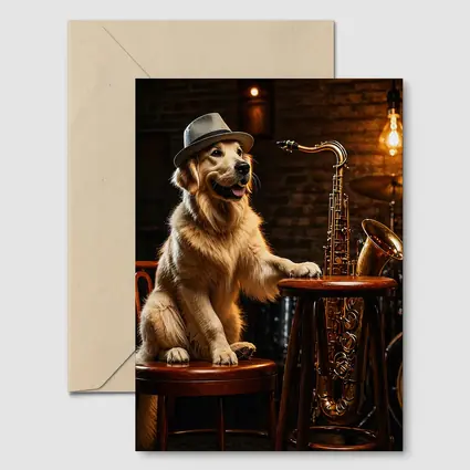 Golden Retriever Jazz Musician Saxophone Bar Setting