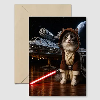 Jedi Cat Red Lightsaber Spaceship Dark Sky