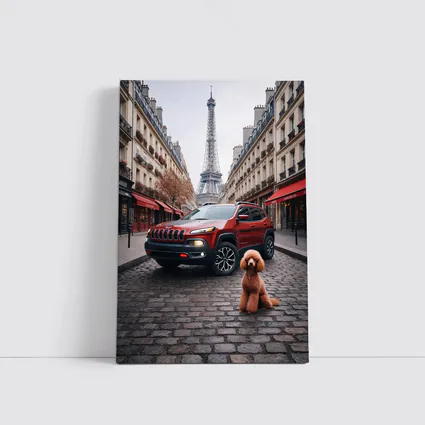 Red Jeep Cherokee Paris Eiffel Tower Poodle