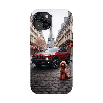 Red Jeep Cherokee Paris Eiffel Tower Poodle