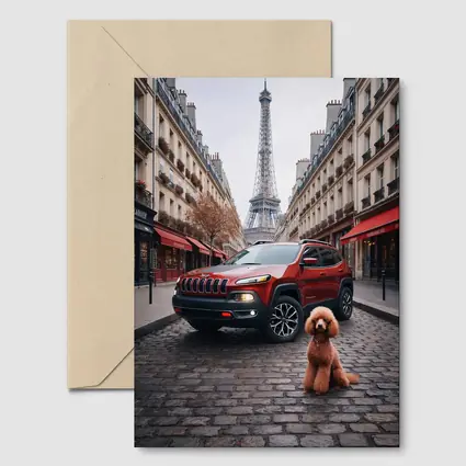Red Jeep Cherokee Paris Eiffel Tower Poodle