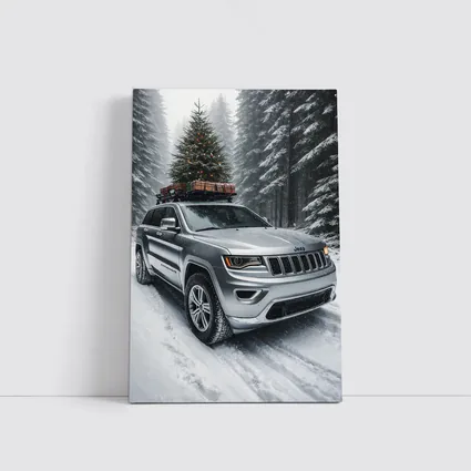 Jeep Grand Cherokee Silver Snow Forest Christmas