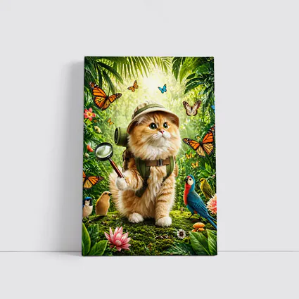 Explorer Cat in Jungle with Butterflies