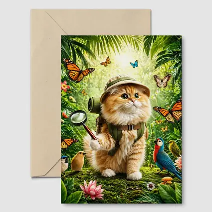 Explorer Cat in Jungle with Butterflies