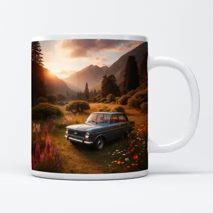 Retro Kia Classic Car Mountain Meadow Sunset