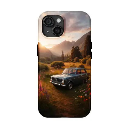 Retro Kia Classic Car Mountain Meadow Sunset