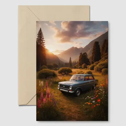 Retro Kia Classic Car Mountain Meadow Sunset