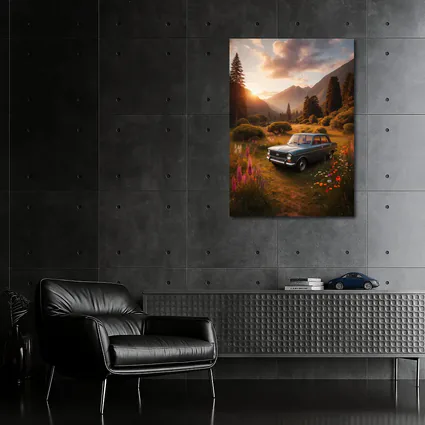 Retro Kia Classic Car Mountain Meadow Sunset