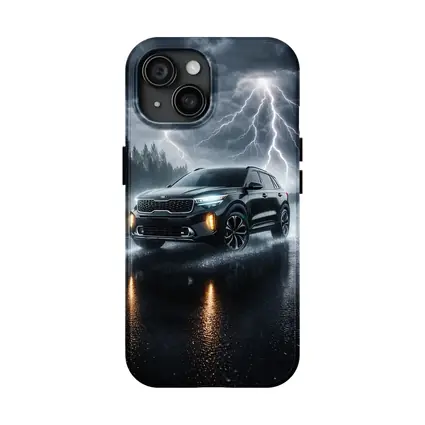 Kia Seltos SUV Driving Through Thunderstorm Night