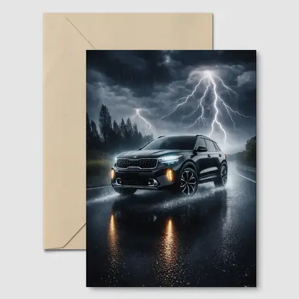 Kia Seltos SUV Driving Through Thunderstorm Night