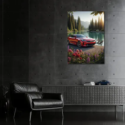 Kia Stinger Red Sports Sedan Lake Setting