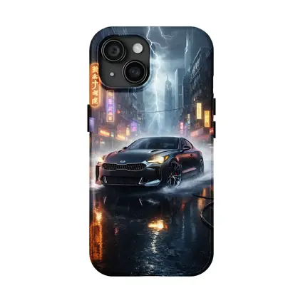 Kia Stinger Racing Through Neon Thunderstorm City