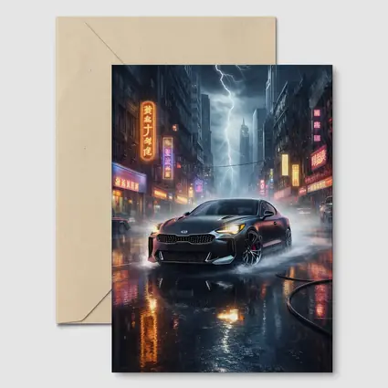 Kia Stinger Racing Through Neon Thunderstorm City