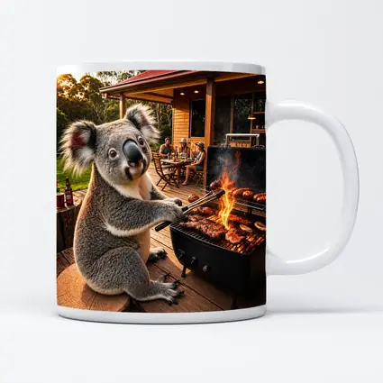 Koala Grilling Meat at Australian Backyard BBQ