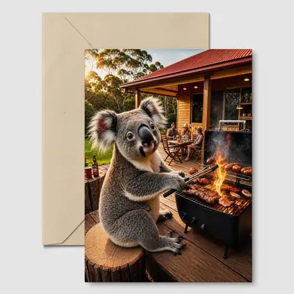 Koala Grilling Meat at Australian Backyard BBQ