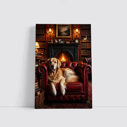Golden Retriever Relaxing in Cozy Library