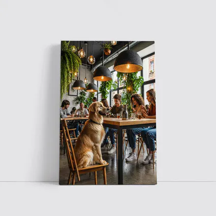 Golden Retriever Sitting in Modern Cafe