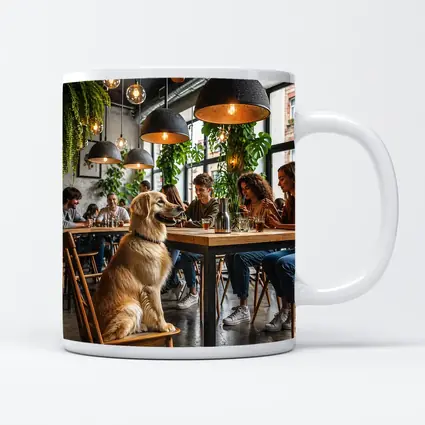 Golden Retriever Sitting in Modern Cafe