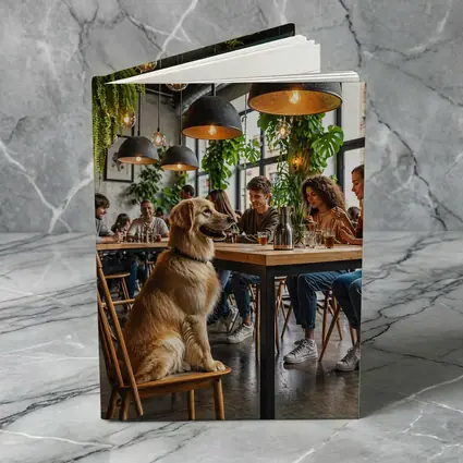 Golden Retriever Sitting in Modern Cafe