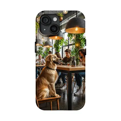 Golden Retriever Sitting in Modern Cafe